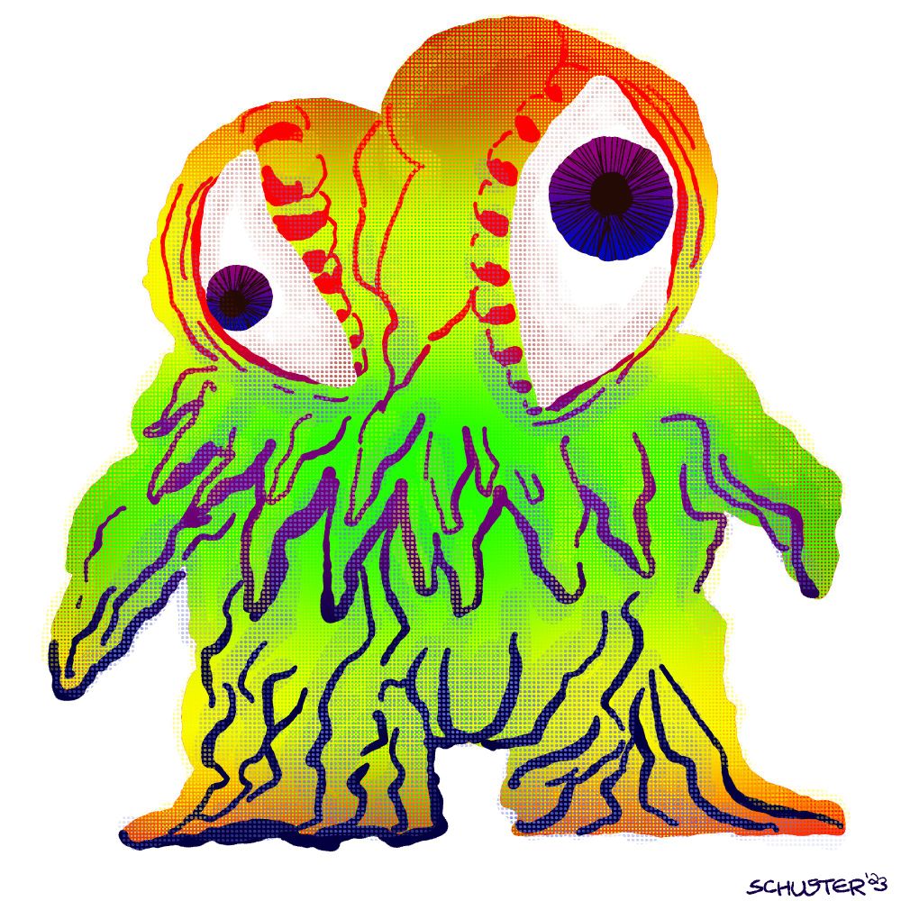 a rainbow colored sludge monster with bulging eyes