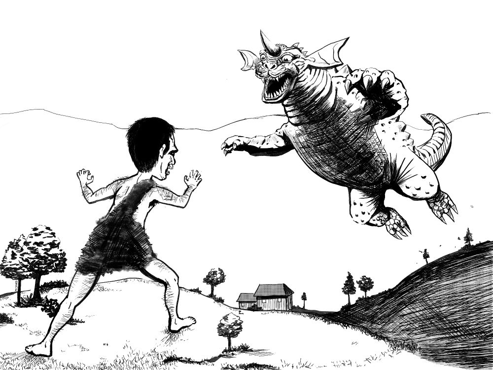 A giant Frankenstein's monster squaring off against a leaping dinosaur