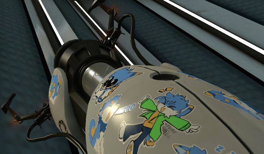 A screenshot of the game "Portal". Specifically, a picture of the portal gun with stickers of my fursona plastered onto it.