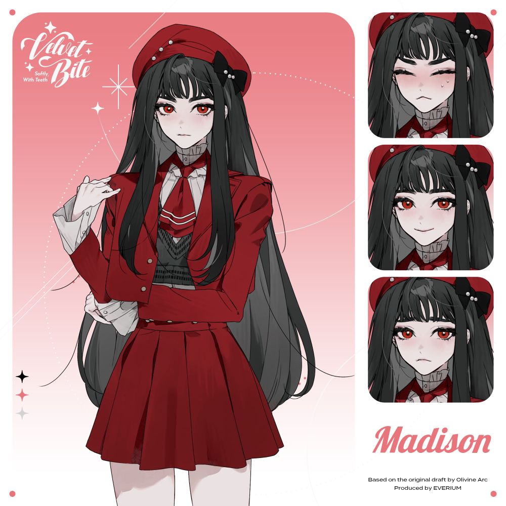 anime style illustration of a girl with long black hair and a red outfit, making a variety of expressions. the logo at the top left says "Velvet Bite: Softly, with Teeth" and the text at the bottom right says "Madison"