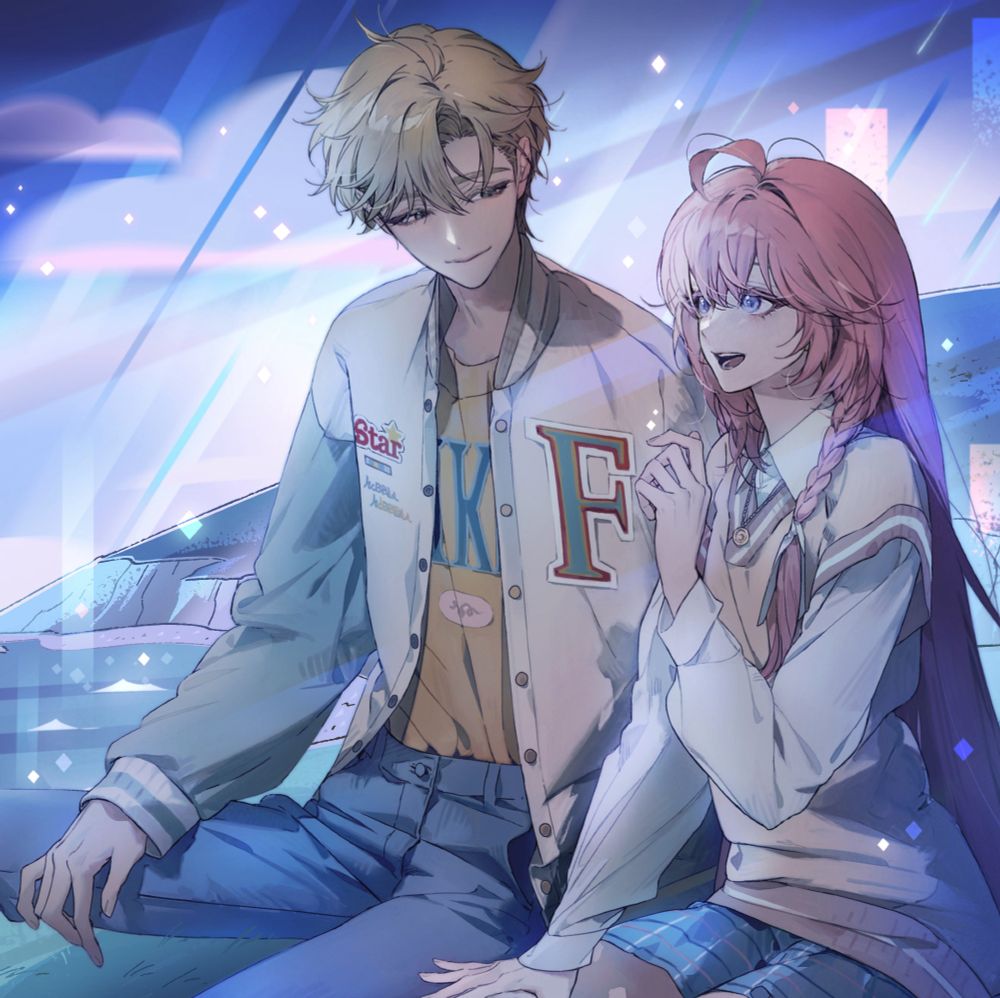 anime style illustration of two characters sitting next to each other outside at night. the blonde man looks over lovingly and a pink haired woman beside him.