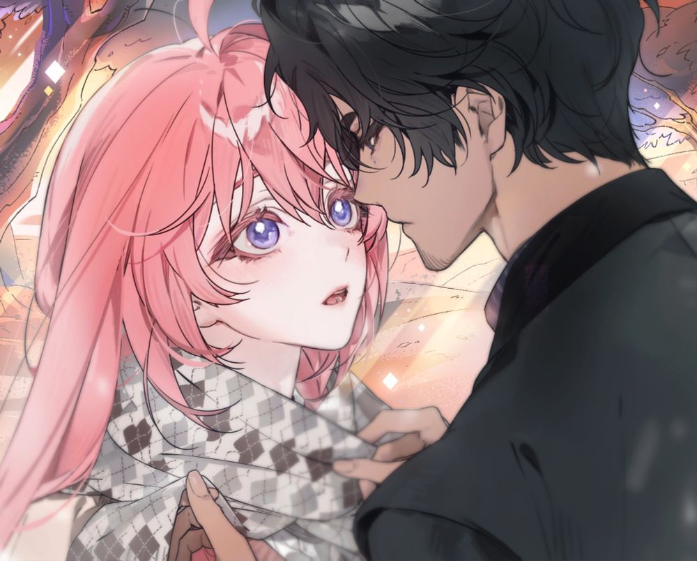 anime style illustration of two characters leaning into each other. a pink haired character with long hair and purple eyes looks up to a black haired man in a black suit wrapping a scarf around her neck