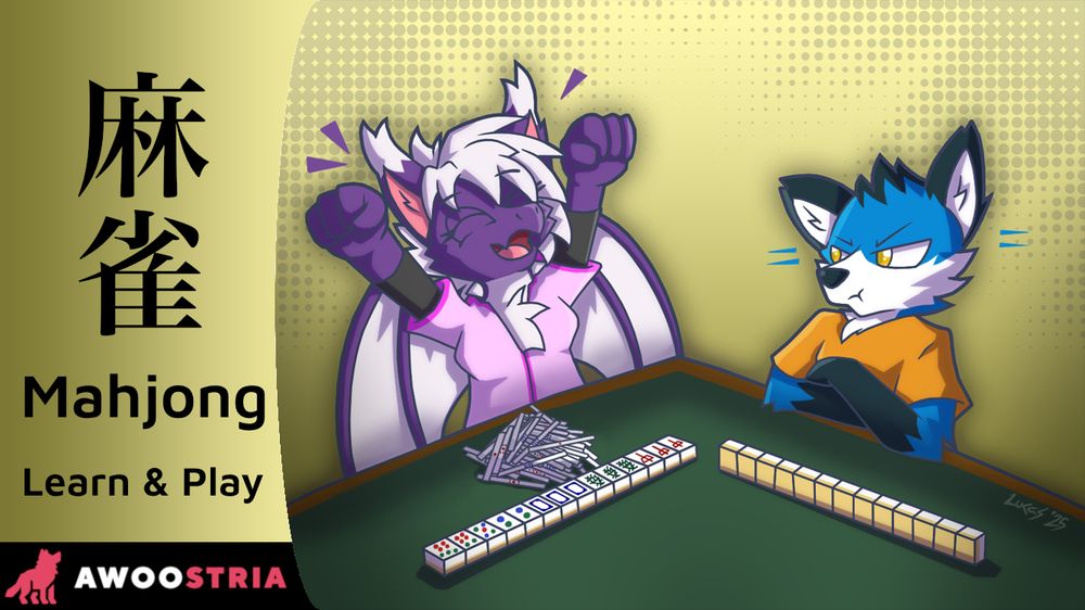 Viper and Blujay playing mahjong, both wearing brightly coloured shirts as if they're in M-League. Viper has just won a Big Three Dragons yakuman and is celebrating with a horde of point sticks in front of her, while Blujay stares grumpily with his arms folded.
A text banner to the left says "麻雀 Mahjong: Learn & Play" with the Awoostria logo.