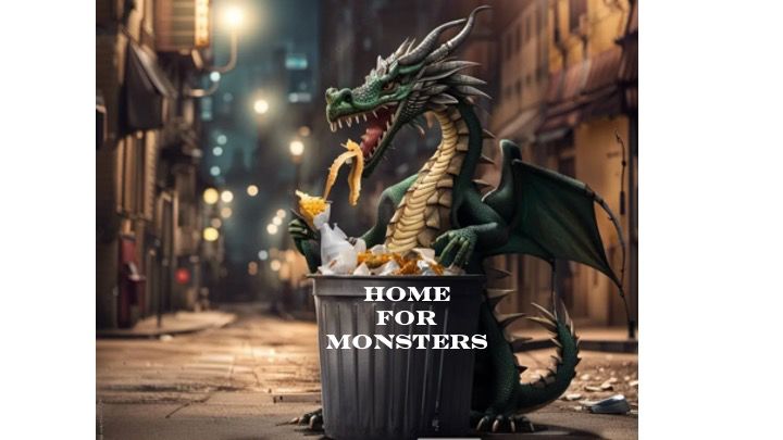 A dragon in a dirty alley eating out of a garbage can.  Shitty AI slop, but I just couldn't draw anything for this. 

From one of the half-hour comedy episodes:

EXT. HOME FOR MONSTERS - DAY
MAIL CARRIER approaches the mail box outside the Home for Monsters and hesitates. Mail Carrier looks at the bush next to the mail box.
MAIL CARRIER
Is that you? Hello? Do you want your mail?
Mail Carrier wedges the mail into the branches of the bush and turns to walk off. 
With a RUSTLE, the bush on the other side of the mail box unfolds, revealing itself to be WIND, a sentient plant-person. Mail Carrier SHRIEKS in fear.
WIND
Why did you give the mail to Albert?
MAIL CARRIER
(shakily)
Albert?
WIND
Do you think we all look the same?
MAIL CARRIER
(flustered)
What? No! I just...just thought that, I mean-
Wind LAUGHS.
WIND
I am joking. That’s just a bush.
Wind takes the mail out of the bush and walks up the path and into the Home for Monsters, still laughing. Mail Carrier looks at the bush.
MAIL CARRIER
Could be an Albert. How the hell can anyone tell these days?
Mail carrier walks off MUTTERING.