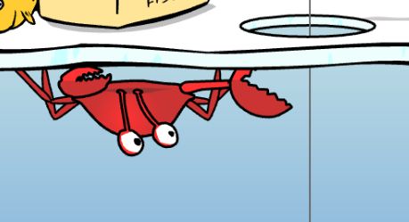 A crab about to cut the fishing line, during the Ice Fishing minigame.