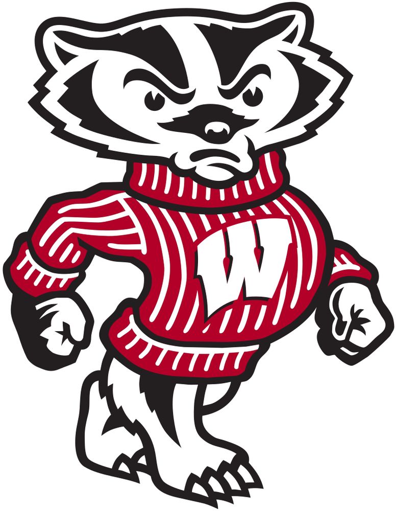 U Wisconsin mascot, a tough-looking badger wearing a red sweater emblazoned with the Wisconsin “W”