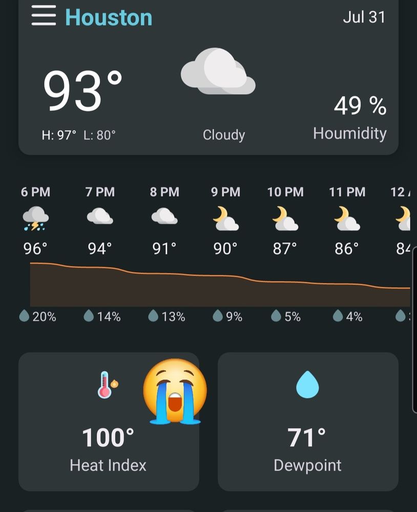 Weather app screenshot featuring a heat index of 100°F