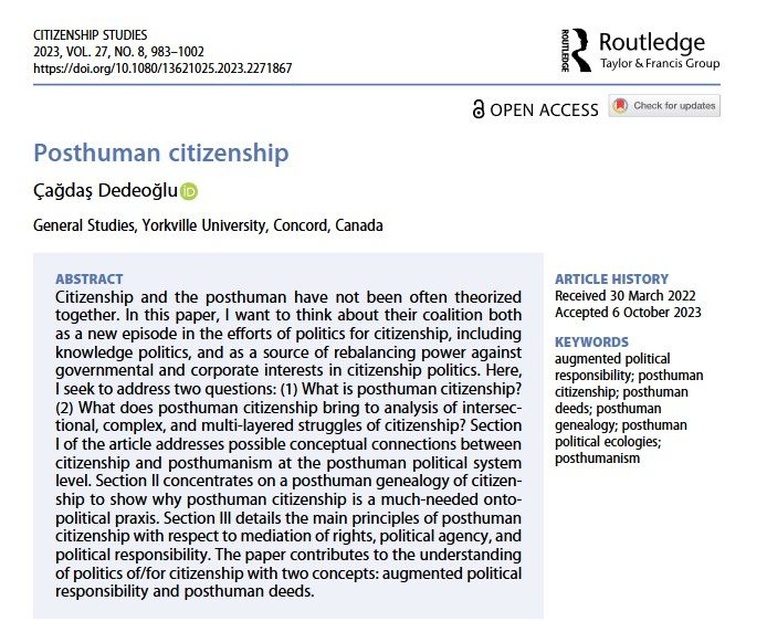The abstract of the article "Posthuman citizenship" 