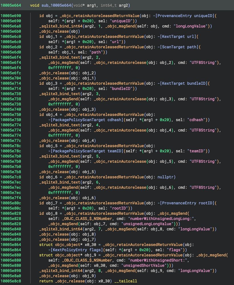 Before: decompilation of an Objective-C function showing the results given by Binary Ninja out of the box. Reference counting function calls clutter the code so much that it’s hard to see the actual structure of the code.