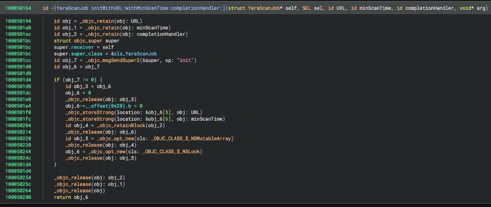 Before: decompilation of an Objective-C class initializer showing the results given by Binary Ninja out of the box. Retain / release calls clutter the function and the lifted code that initializes instance variables does not make any sense due to missing type information.