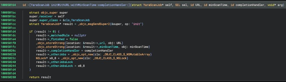 After: Decompilation of the same function, but with retain / release calls removed and the type of [super init] propagated to the local variable. As a result, access to instance variables are correctly recognized and field names are displayed.