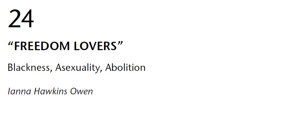 Capture d'écran du titre du chapitre dans l'ouvrage :

Chapter 24 -

“FREEDOM LOVERS”
Blackness, Asexuality, Abolition

Ianna Hawkins Owen