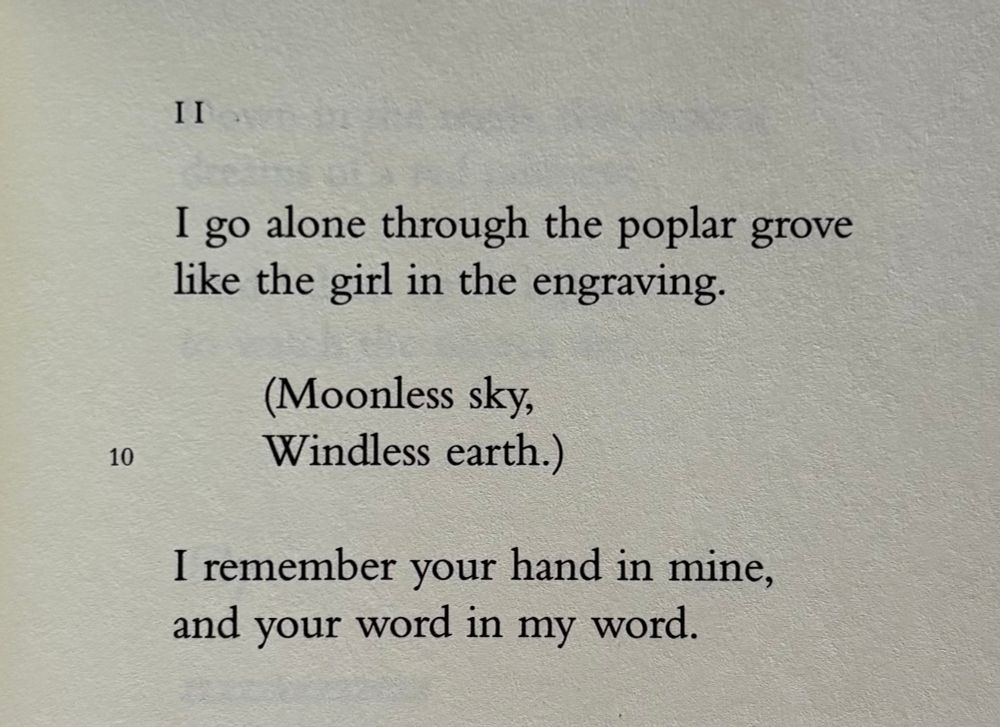 II

I go alone through the poplar grove
like the girl in the engraving.

(Moonless sky,
Windless earth.)

I remember your hand in mine,
and your word in my word.