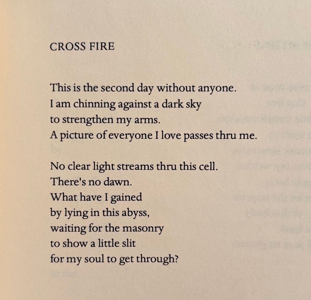 CROSS FIRE


This is the second day without anyone.
I am chinning against a dark sky
to strengthen my arms.
A picture of everyone I love passes thru me.

No clear light streams thru this cell.
There’s no dawn.
What have I gained
by lying in this abyss,
waiting for the masonry
to show a little slit
for my soul to get through?