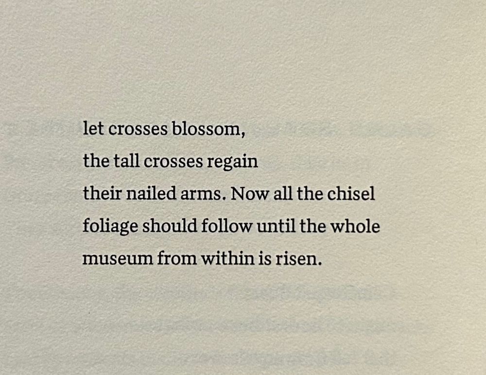 let crosses blossom,
the tall crosses regain
their nailed arms. Now all the chisel
foliage should follow until the whole
museum from within is risen.
