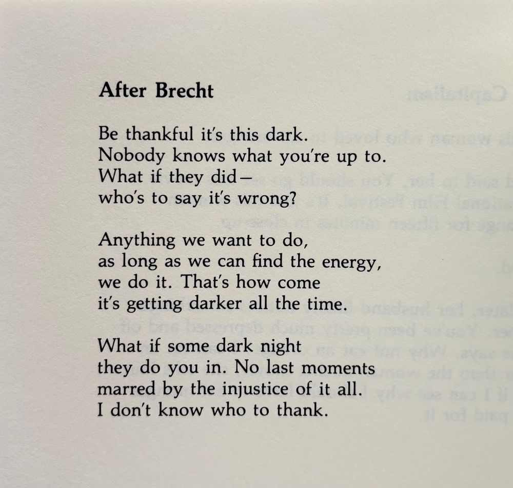 After Brecht

Be thankful it’s this dark.
Nobody knows what you’re up to.
What if they did —
who’s to say it’s wrong?

Anything we want to do,
as long as we can find the energy,
we do it. That’s how come
it’s getting darker all the time.

What if some dark night
they do you in. No last moments
marred by the injustice of it all.
I don’t know who to thank.