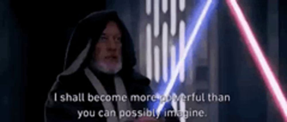 a man with a beard is holding a lightsaber and says i shall become more powerful than you