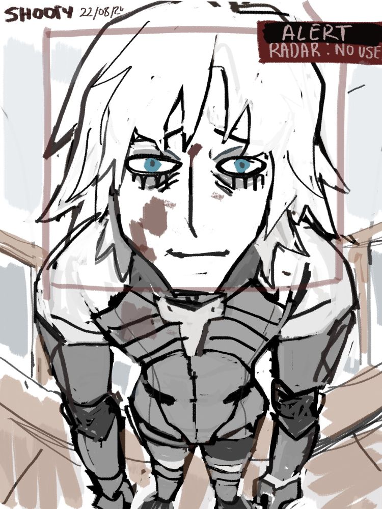 The viewer has the perspective of an airborne camera on the Big Shell's strut bridge, focused on the face of a very tired looking Raiden. He has blood on him and noticeable eyebags. On the upper right corner, it says 'ALERT, RADAR: NO USE'. He has been spotted...