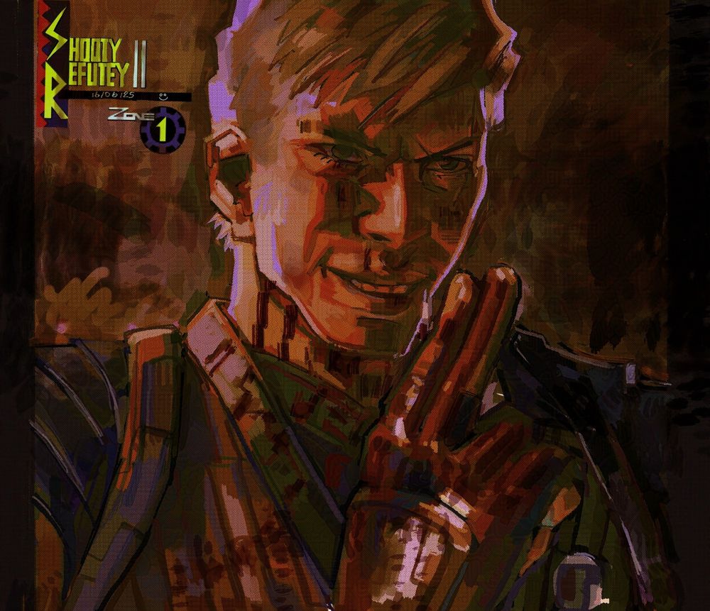 Art of Smoke in Mortal Kombat 1. The colours are warm and the background is dark and smoky. He is splattered in blood and has a grin on his face. I referenced the smile he does before one of his fatalities.