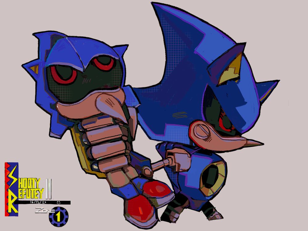Art of Metal Sonic firmly grasping a bootleg Metal Sonic plush