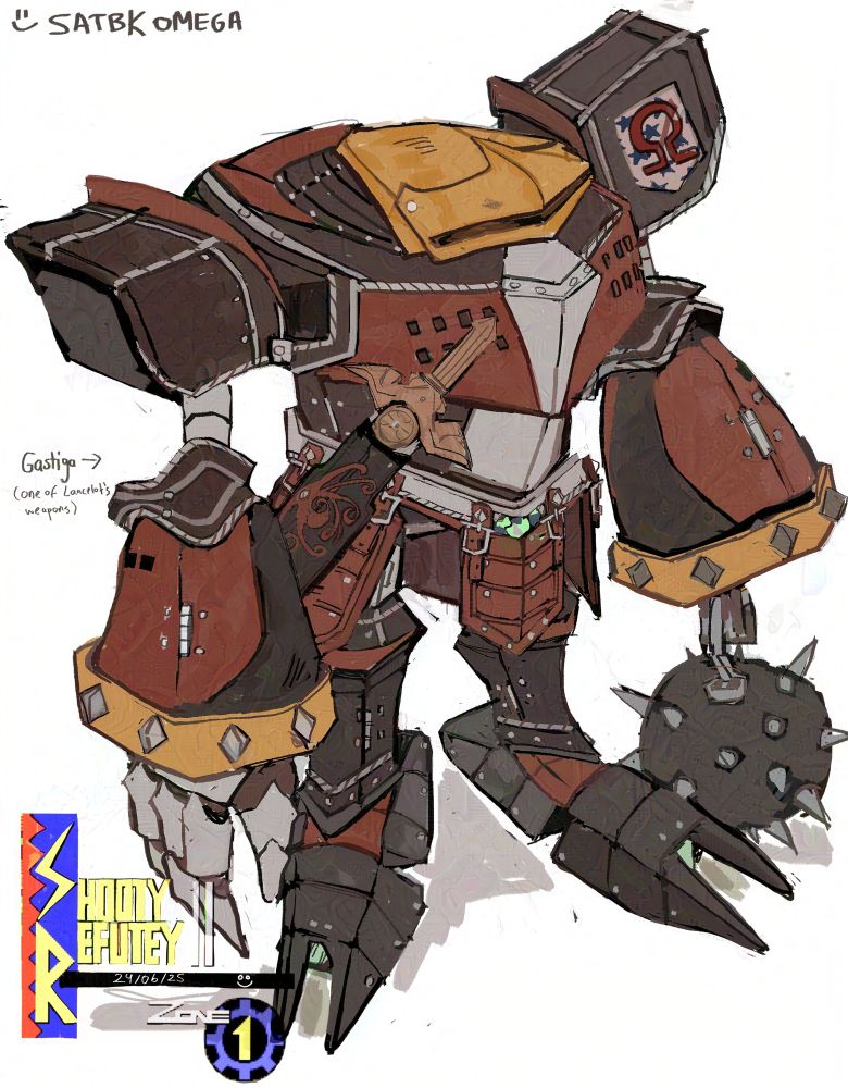 Art of E-123 Omega but in the style of Sonic and the Black Knight's round table. He has a spiked ball on a chain instead of left hand. One of Lancelot's swords Gastiga (from the game) is sheathed on his right side. 