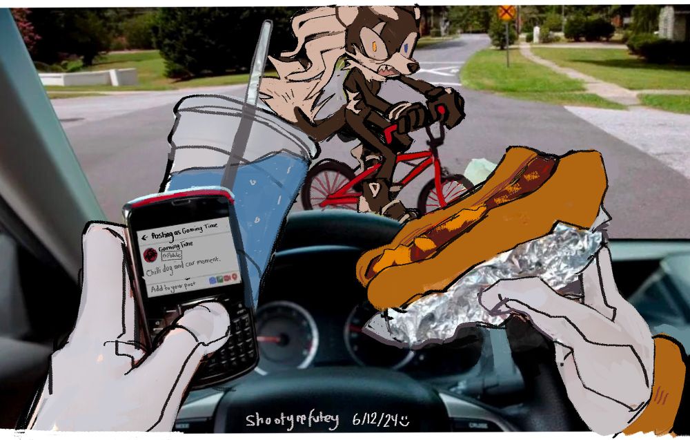 Art of Shadow the Hedgehog holding a chilli dog in his right hand and a blue drink and a phone on the other, while he is behind the wheel in an American looking suburb. He is texting to a Facebook group as 'Gaming Time' with the message 'Chilli Dog and Car Moment'. A few metres in front of him is a horrified looking Infinite the Jackal on his bike. This image was pretty much traced from the 'burger and car moment' image that will not leave my mind.