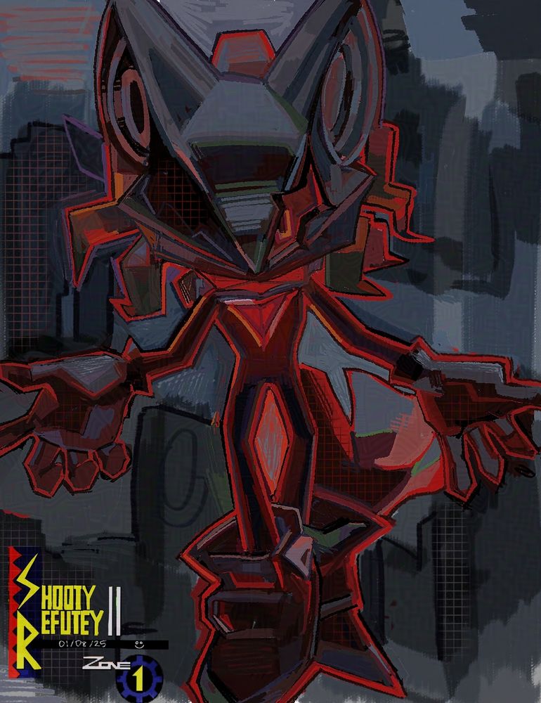 Fanart of Infinite the Jackal. He glows with a bright red outline with his clawed hands outstretched. He floats confidently against a gloomy dark background and looks straight forward.