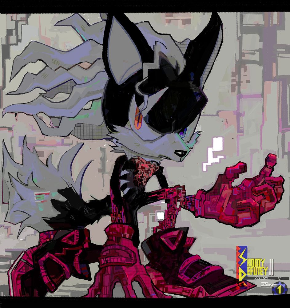 Art of Infinite the Jackal from Sonic Forces. He is maskless and on one knee. His hands and legs are blocky and coloured a Phantom Ruby-like pink. The Ruby has been ripped off his chest. He is in a nebulous liminal space patterned with lines and blocks.