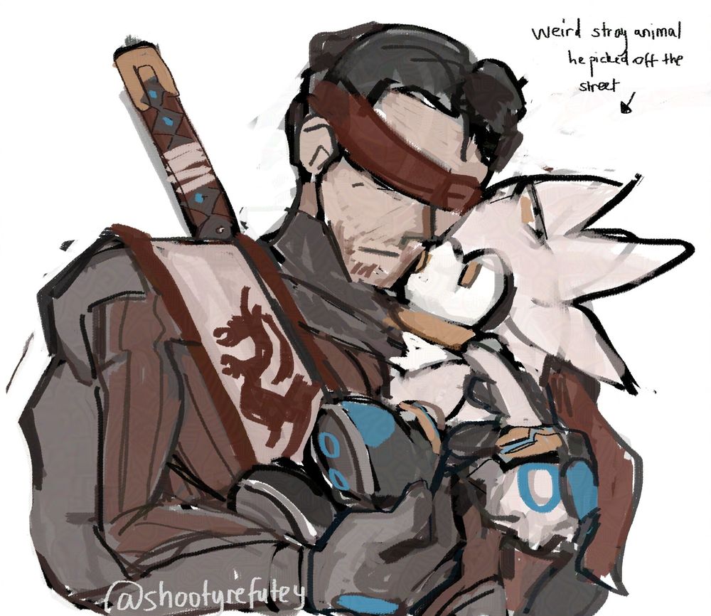 doodle of mortal kombat 9's kenshi holding silver the hedgehog in his arms. the text pointing at silver reads 'weird stray animal he picked off the street'. they're both telekinetics and have blue circles on their gloves, basically twins.