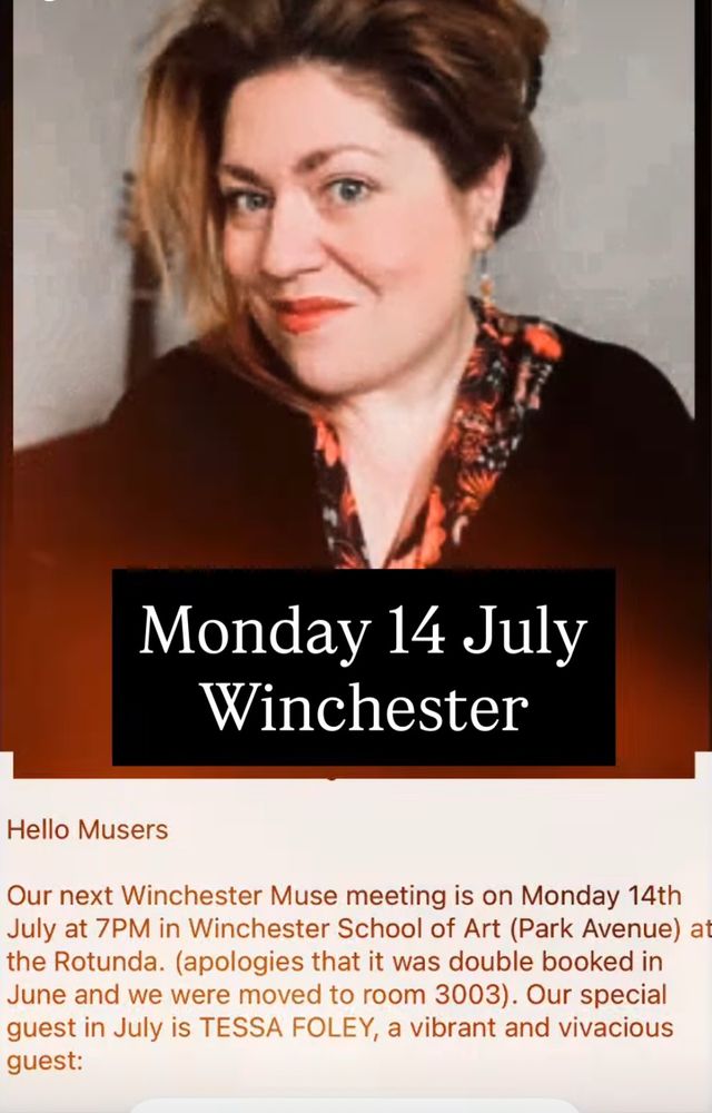 Tessa Foley poet headshot - text saying she’ll be reading in Winchester school of art on Monday 14 July.
