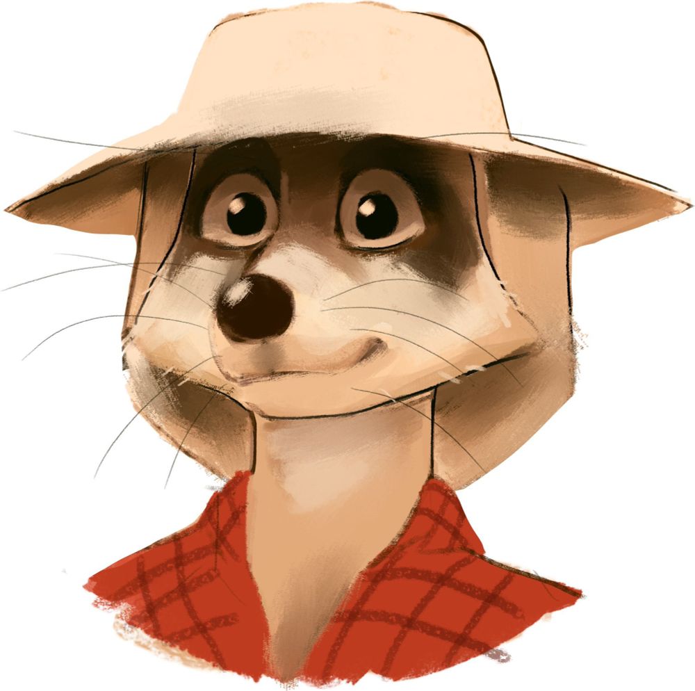 Headshot of my meerkat fursona with a closed-mouth smile