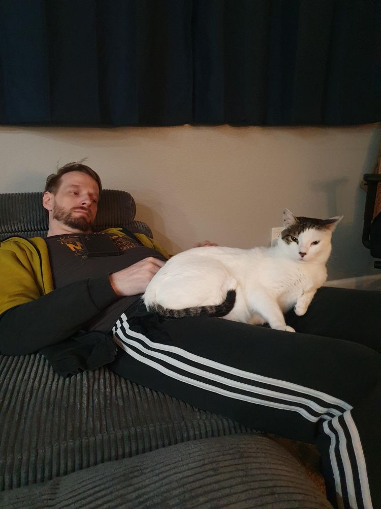 A white man with dark hair laying on a gray couch. He's wearing black and white Adidas sweatpants and a yellow and black hoodie. A white cat with black coloring is laying on his legs like he owns the damn place. The man is not happy about it. The man was me.