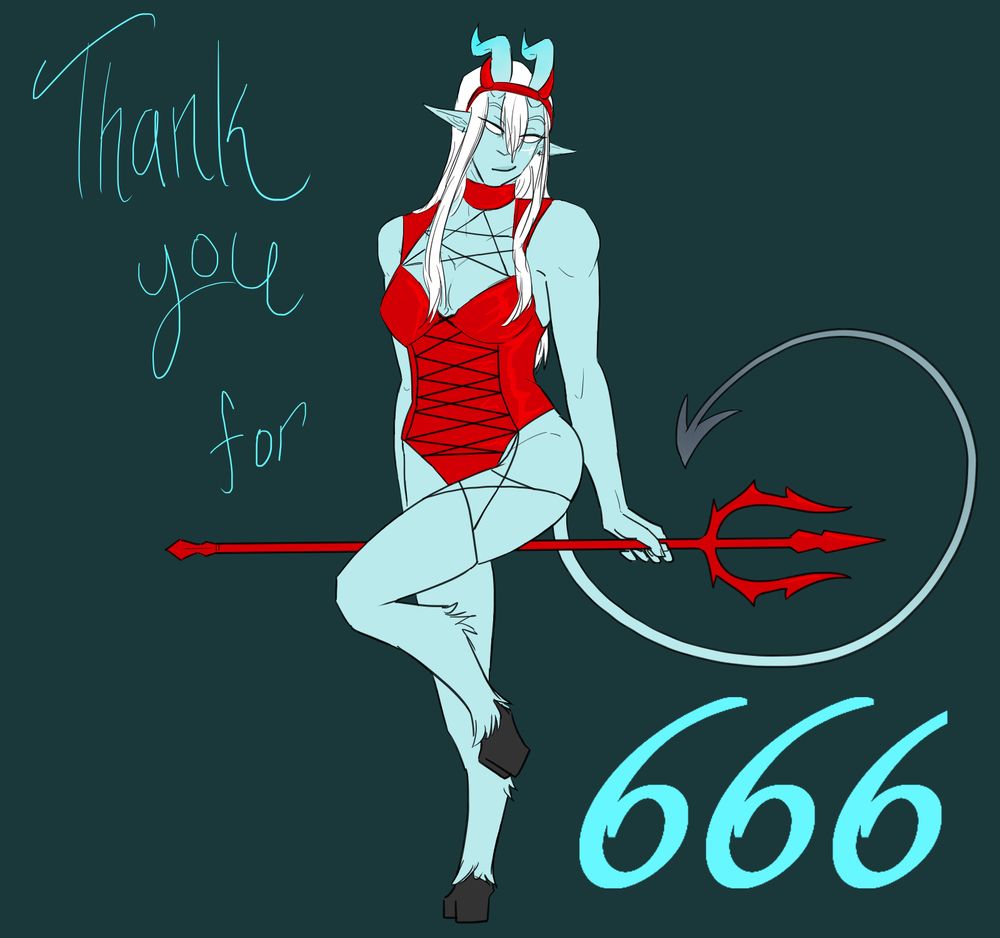 Juriel [he/they], light blue skinned tiefling, wearing a skimpy red devil costume and posing with a pitchfork. yes, there is a little horn headband in front of their real horns, because it's funny.
"Thank you for 666"