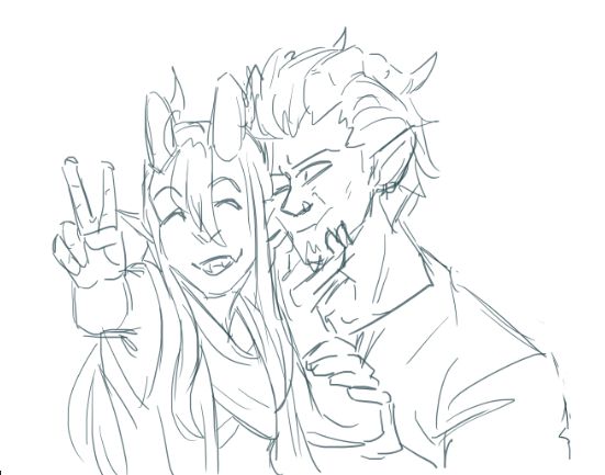 Juriel, pre-campaign, holding Jorind by the chin and posing with him while making a peace sign and grinning