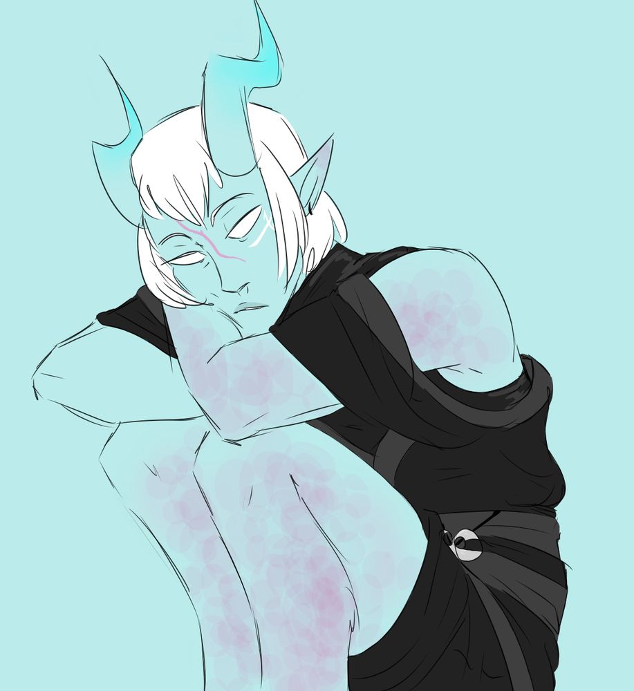 Juriel before their scars and tail were healed, in shorts and a drapey off the shoulder top