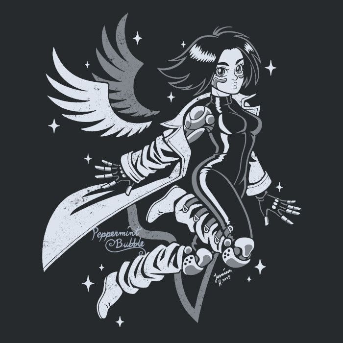 A stylized digitally colored ink illustration of Gally (Alita) from Gunnm (Battle Angel Alita) in a pose that looks like she might have sprung to action, but is also somewhat floty and she has small wings. She has a serious expression, and is drawn in light grey on a dark grey background.