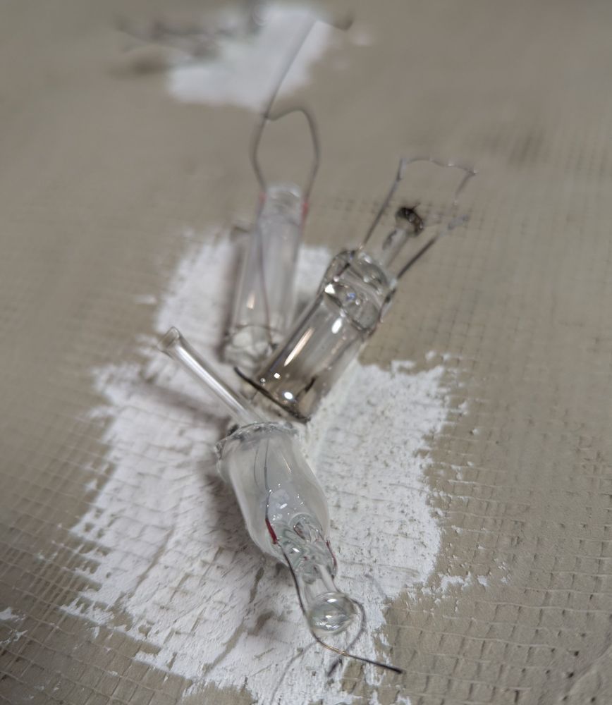 The insides of incandescent lightbulbs protrude from the canvas 