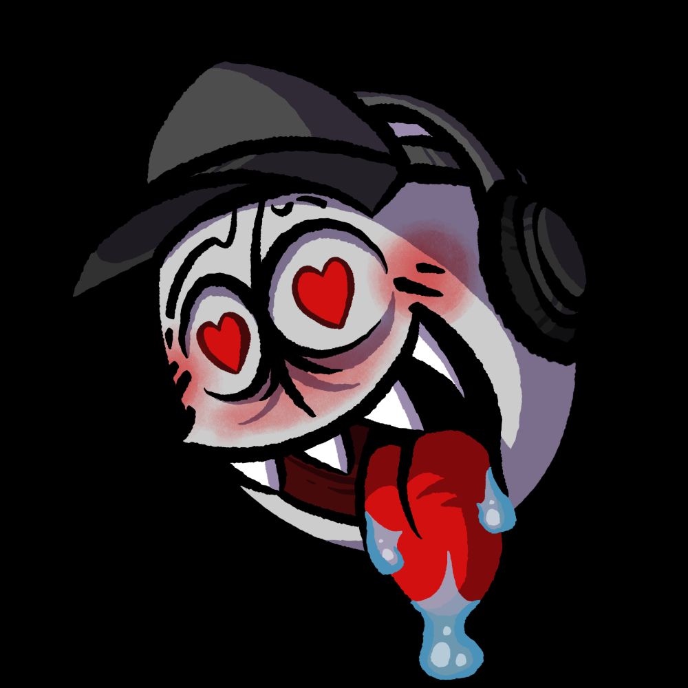 Deimos, looking lovestruck, with his tongue hanging out and drooling. He's blushing and has red hearts in his eyes.