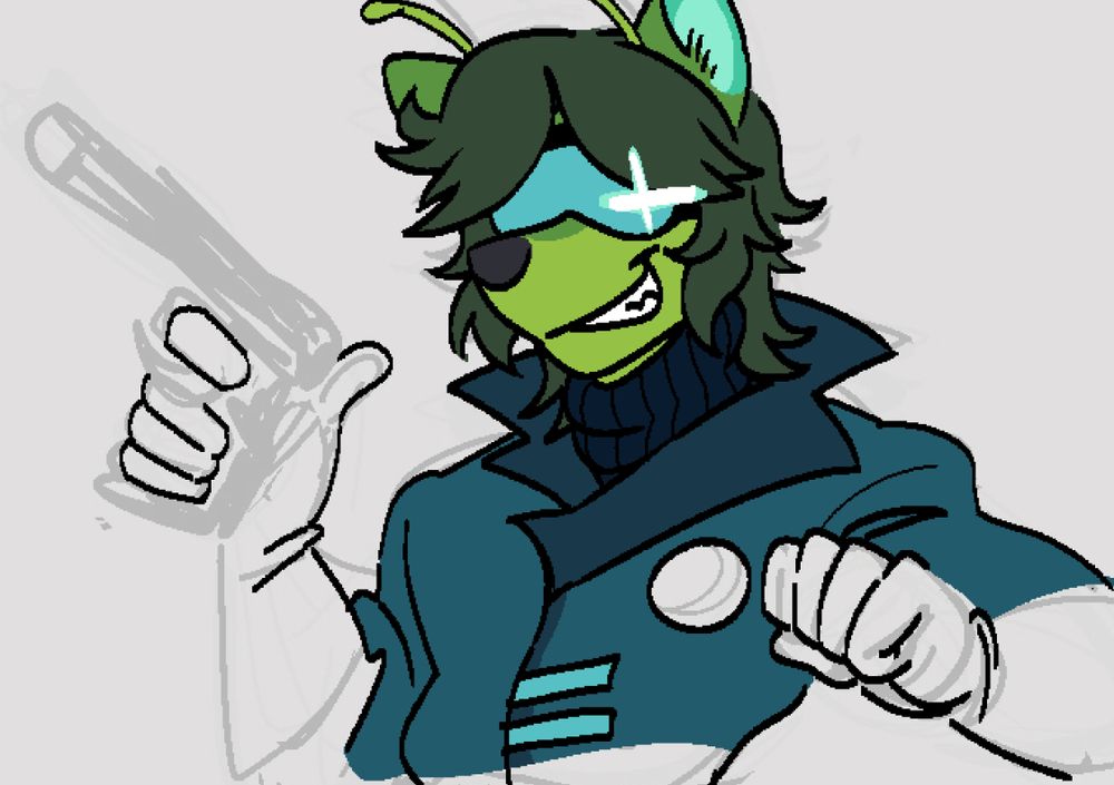 green alien wolf furry with a very sleek jacket and fluffy 80s hair