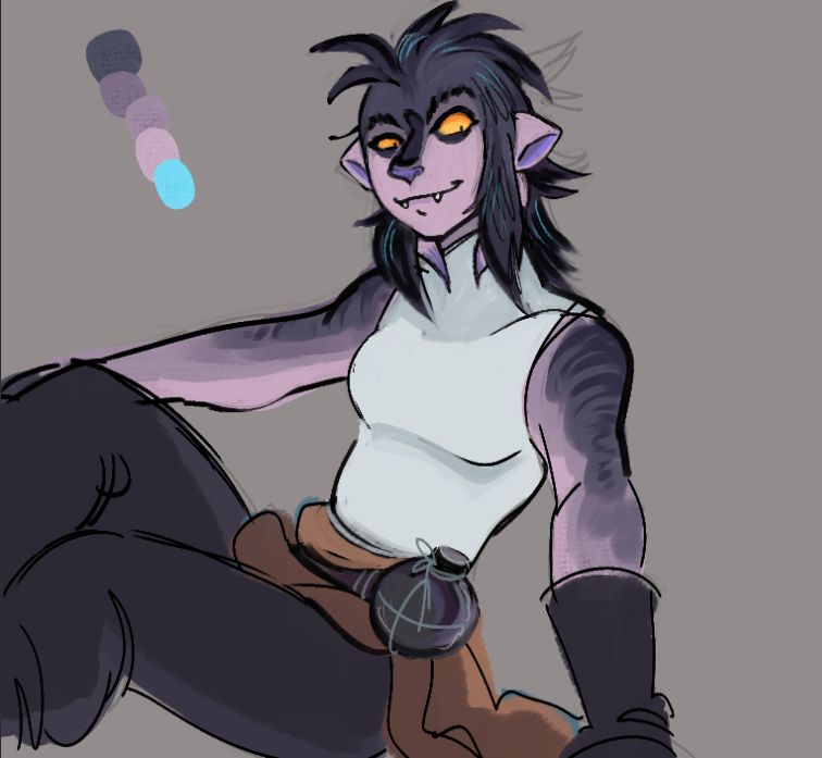 grey-skinned alien cat woman with orange eyes and iridescent feather-like "hair", sitting and looking mischievously at the viewer