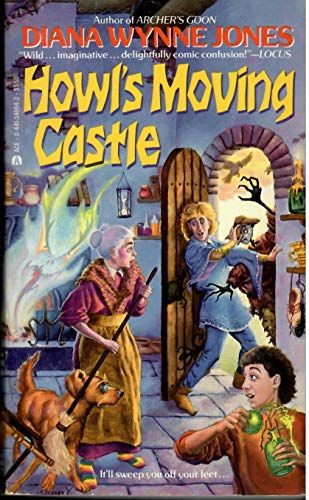 book cover for "Howl's Moving Castle" by Diana Wynne Jones, on which a chaotic scene where Howl tries to prevent the turnip-headed scarecrow from coming in through the wooden door while looking back at Sophie in her 'old enchantment while she clutches a broom in fear under which a golden-furred dog stands and over her shoulder Culcifer flares out of his fireplace. 