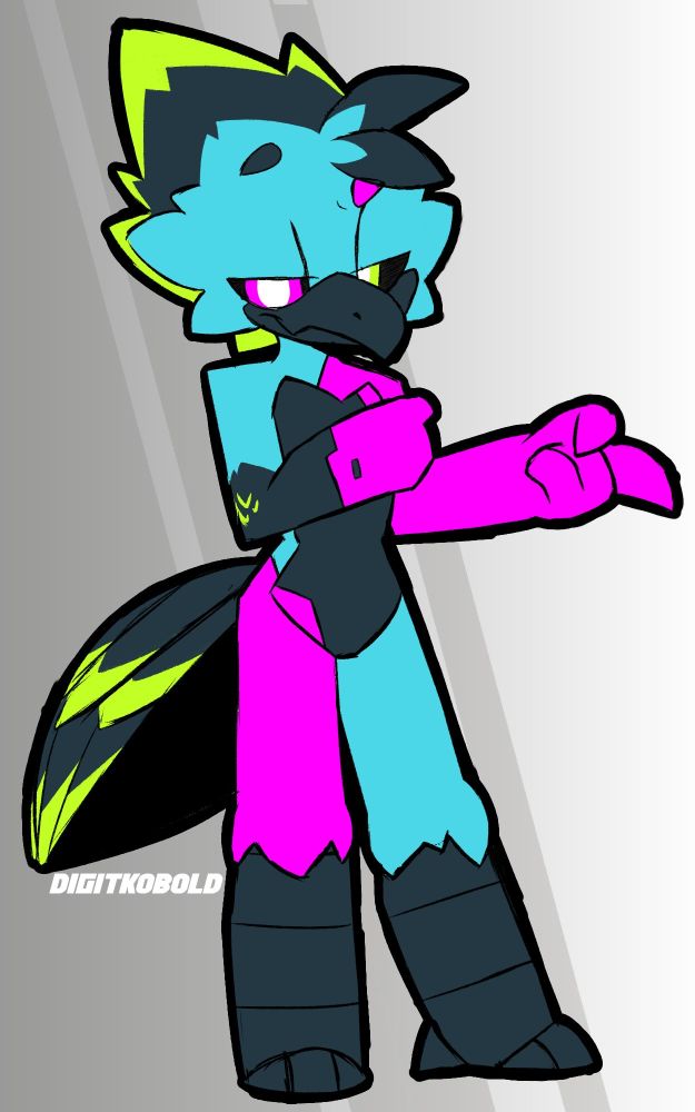 A design of a character made on-stream featuring a blue bird currently named "Hex" slyly staring into your soul. He's a digital virus (like BonziBuddy) with the ability to possess or in his words "Hack into" other digital lifeforms or devices. Being in the kobold network for long enough, he was able to construct himself a body within its walls to have the system not read him as a virus. Thankfully, his presence hadn't done any permanent damage...other than Digit's sanity. (But that's normal.)