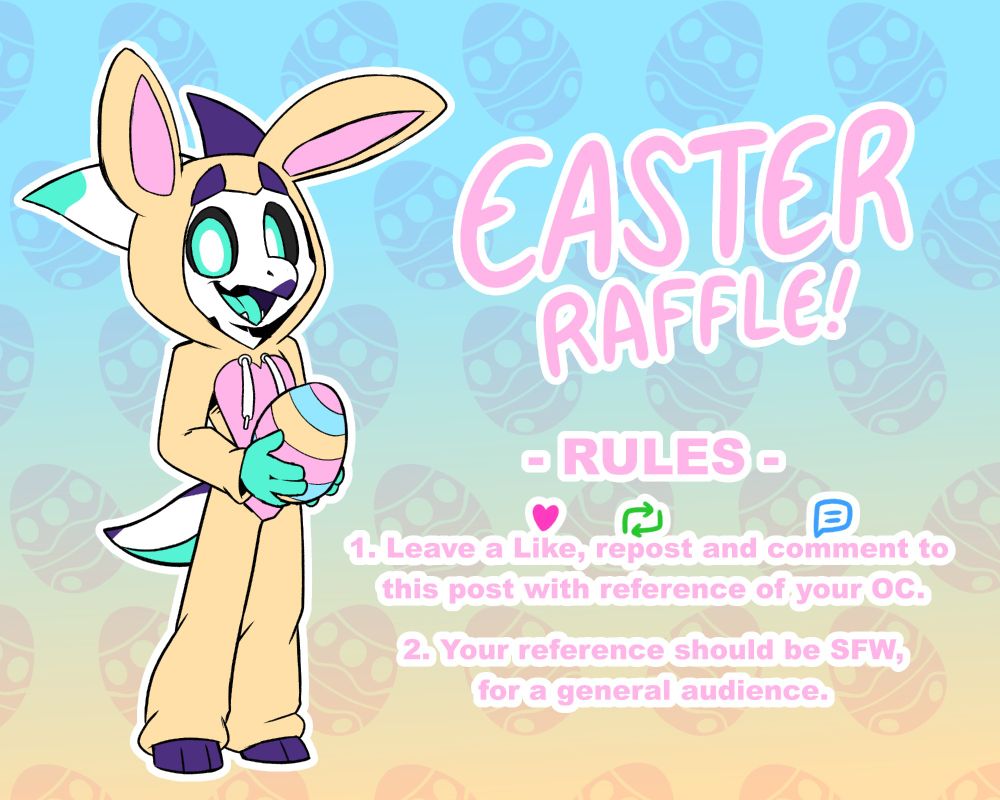 The rules state that if you want to be a part of the Easter Raffle, you must leave a like on this post, repost it, and leave a comment with reference of your OC that you want to participate with...but make the reference SFW, okay? I'm a kobold holding a general audience.