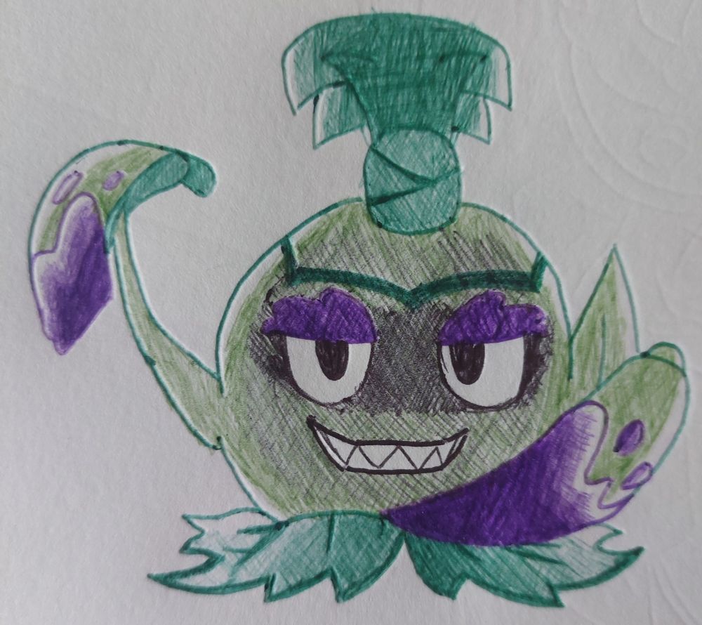 Drawing of Pokra from PvZ2. It's shown staring straight forward with its left arm held in front of it and its right arm to the side. It's lit up from behind, causing its face to be heavily shaded, but its eyes and mouth are perfectly clear.