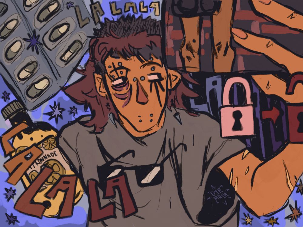 A self portrait of the poster. She's taking a mirror pic, there's a pair of legs on her phone case. He have a few piercings, and eyelashes going upward on his left eye, and downward on the right. There's a pair of sunglasses over his shirt. She has bangs and the back of her hair but the middle is shaved. There's "lalala" written three time over the piece. On the right there's a lemon Juice bottle, and over it painkillers. On the left there's two locks, one closed and one open. There's colored stars everywhere around the piece.