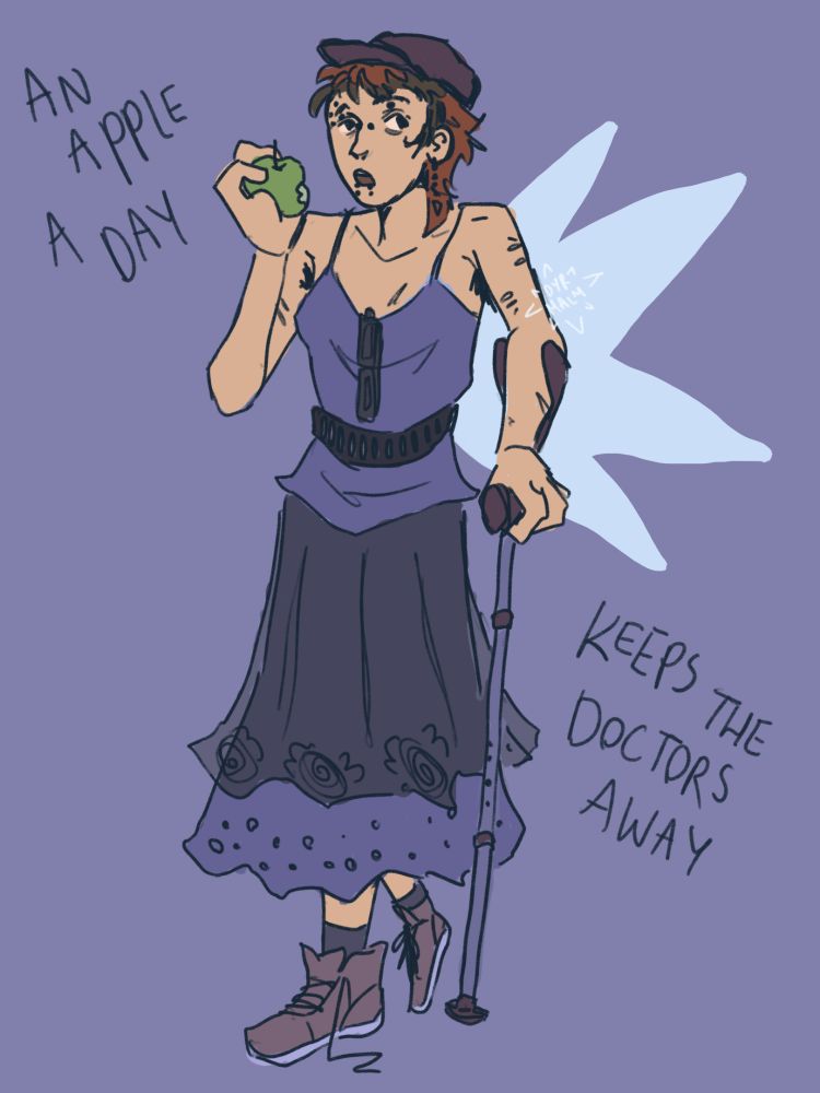 A drawing of the poster, wearing a blue and black outfit. He has a black cap, a black belt going over a blue tank top, some sunglasses hanging off her tanktop, a blue long skirt with a shorter black transparent skirt over it. She has brownish shoes. He also has a crutch, and is holding an apple on the other hand. His mouth is open and she has a few piercings. She has red and black hair.
It's written "an apple a day keeps the doctor away".