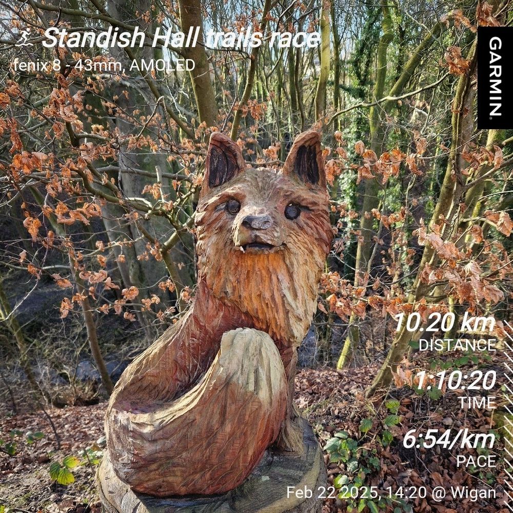 A fox sculpture with run stats