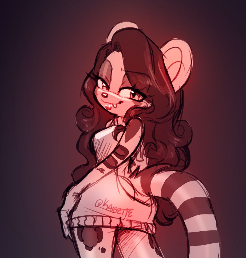 Thigh-up shot of Kaibette the genet in the virgin killer sweater.