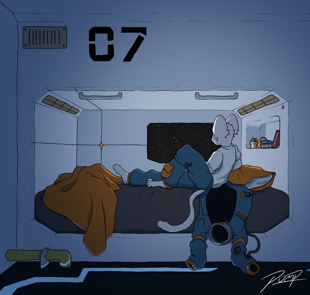 An anthro white furred cat character wearing an unzipped EVA suit sitting in a futuristic bed alcove on a spaceship, looking out a window at a view of the stars.
