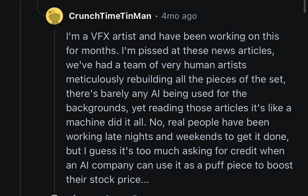 Commentaire d'un VFX artist qui dit avoir taffé des mois sur la version du "Magicien d'Oz" pour le cinéma sphérique de Las Vegas, pour ensuite découvrir que le studio prétend que tout le taff a été fait par IA...